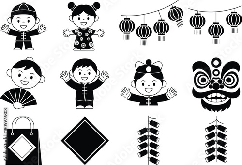 Black and White Cartoon Depiction of Chinese New Year Elements and Festive Symbols