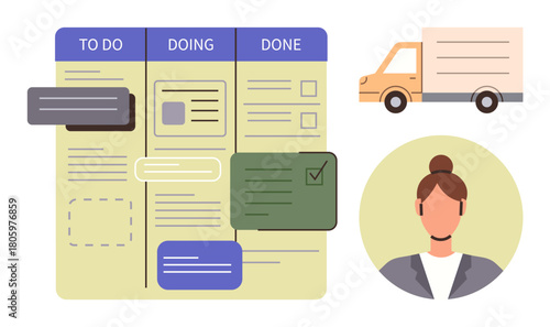 Task management board with three columns To Do, Doing, Done, a delivery truck, and a businesswoman avatar. Ideal for project management, teamwork, productivity, logistics organization planning