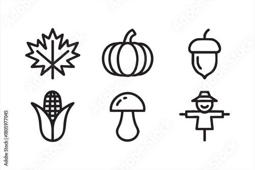 Minimal fall icon collection with harvest and seasonal nature elements