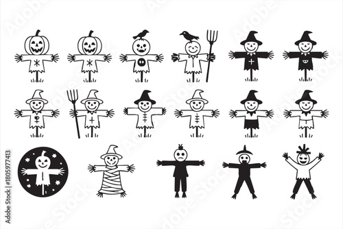 Halloween scarecrow silhouettes for autumn holiday graphics and festive designs