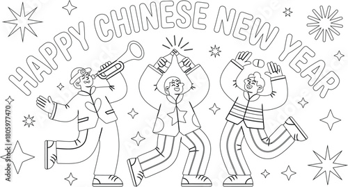 Black and White Line Art Illustration of People Celebrating Happy Chinese New Year