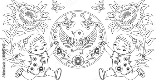 Black and White Outlined Coloring Page with Floral Designs, Butterflies, Bird, and Two Cheerful Girls