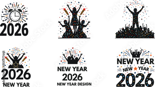 New Year 2026 celebration graphics with fireworks confetti and people silhouettes