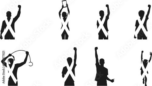 Silhouettes of diverse people with raised fists and white X symbols on chests group