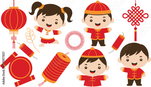 Cartoon Chinese New Year Children in Traditional Clothing, Red Lanterns, and Firecrackers Celebration