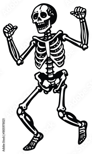 Dancing skeleton silhouette set in vintage Halloween style, spooky festive bone characters dancing