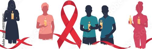 Silhouettes of people holding lit candles with red ribbon symbol of awareness vector