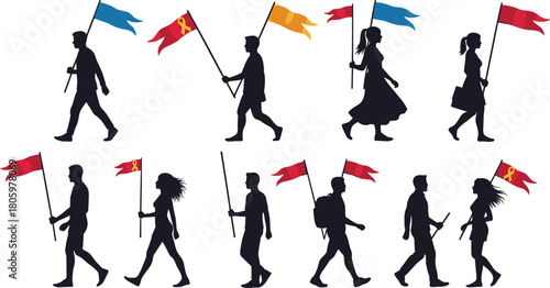 Silhouettes of people marching with flags and awareness ribbons in red blue and yellow