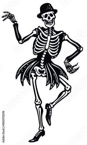 Dancing skeleton silhouette set in vintage Halloween style, spooky festive bone characters dancing