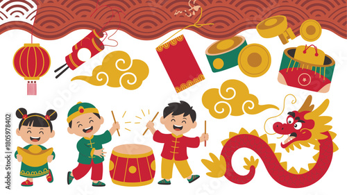 Cheerful Cartoon Kids Celebrating Lunar New Year with Lanterns, Dragon, and Traditional Decorations Illustration