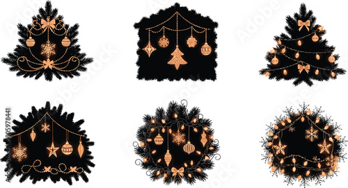 Six Christmas tree silhouettes decorated with golden ornaments and lights decoration