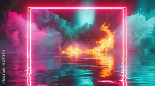 Abstract neon square frame with fire and smoke over water reflections, vibrant cyberpunk and futuristic concept