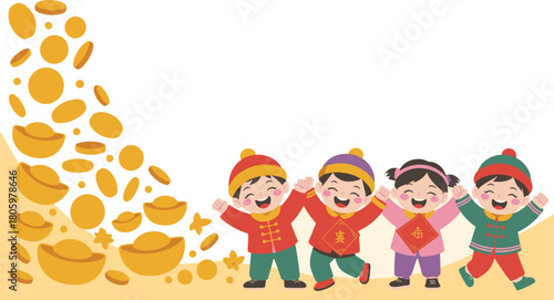 Cheerful Children Celebrating Chinese New Year with Gold Ingots and Traditional Clothing Illustration for Festive Celebrations