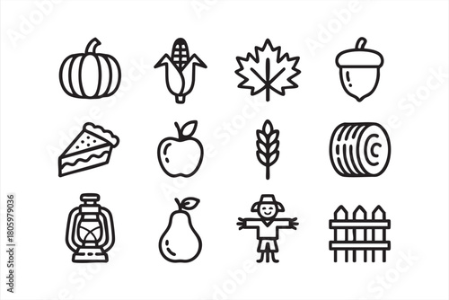 Rustic farm vector icons including scarecrow, hay bale, lantern, and produce