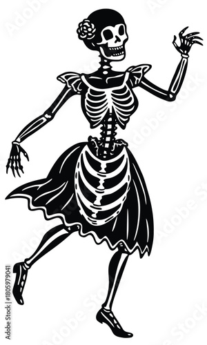 Dancing skeleton woman silhouette set in vintage Halloween style, spooky festive bone characters dancing