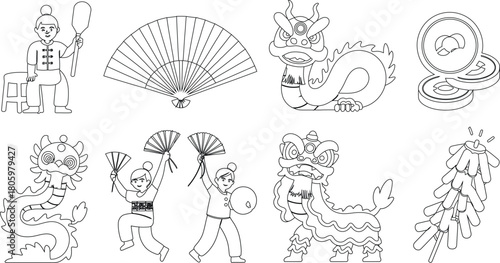 Chinese New Year Line Art Featuring Dragons, Dancers, Fan, Coins, and Firecrackers Illustration