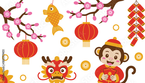Chinese New Year Monkey, Dragon, Lanterns, Cherry Blossoms, Goldfish, and Crackers on White Background