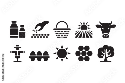 Agriculture icon set with milk, seeds, cow, sunrise fields, and farm elements