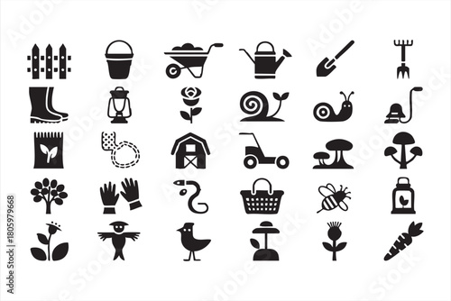 Agriculture vector set with tools, vegetables, seeds, flowers, and rural elements