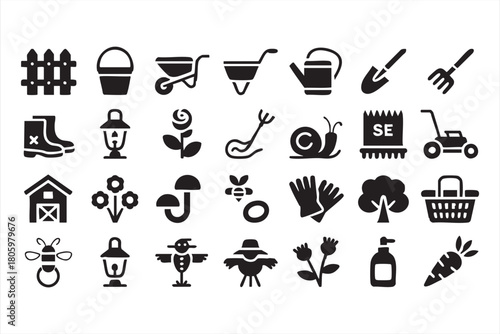 Gardening tools and farm icons featuring plants, wheelbarrows, baskets, and scarecrows