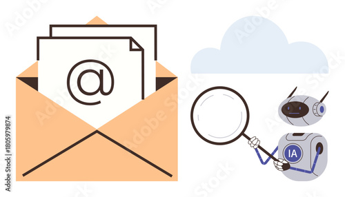 Open envelope with email message , AI robot holding magnifying glass, and cloud in background. Ideal for email analysis, data search, cloud computing, AI, cybersecurity, communication