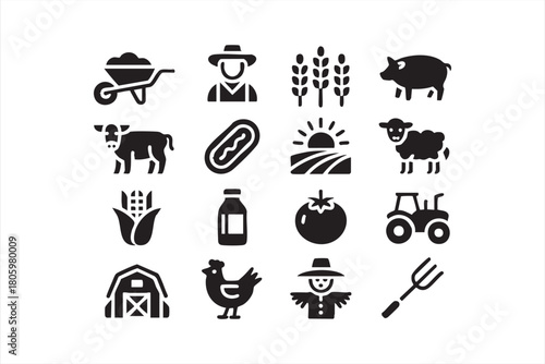 Farm vector pack featuring animals, produce, tools, and rural landscape elements