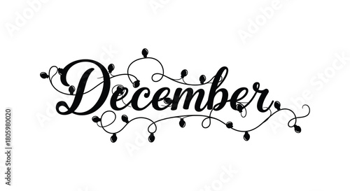 Elegant december calligraphy with festive string lights and bokeh effect for winter holidays