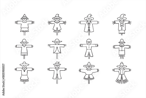 Whimsical scarecrow line art icon set for autumn harvest and farm graphics