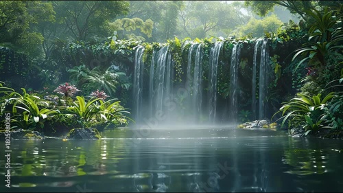 Lush waterfall cascading into a tranquil pond surrounded by vibrant greenery.