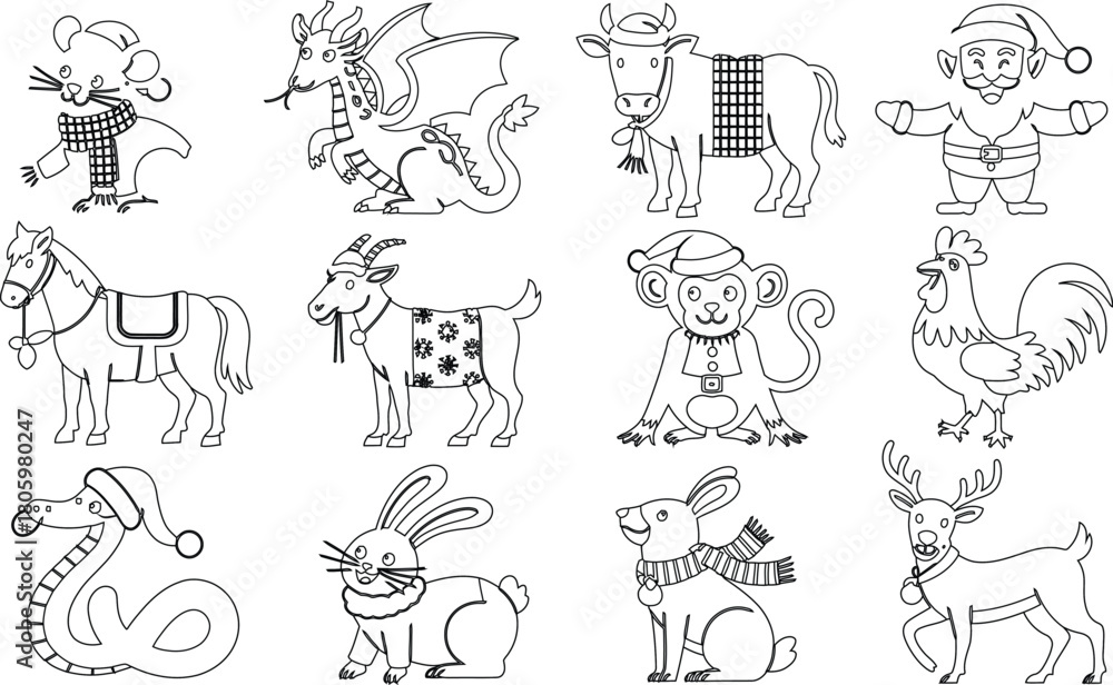 Fototapeta premium Coloring Page Featuring Twelve Cartoon Animals Dressed for Christmas and Winter Holiday Season