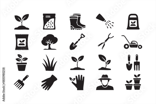 Outdoor planting vector pack featuring tools, seedlings, pots, and soil care symbols