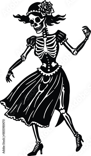 Dancing skeleton woman silhouette set in vintage Halloween style, spooky festive bone characters dancing