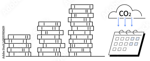 Coin stacks growing in height beside a CO2 cloud and calendar, illustrating the link between financial growth, emissions, and time. Ideal for sustainability, finance, climate change, business