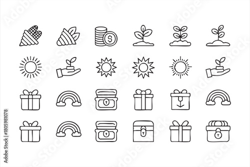 Prosperity and abundance vector collection with rainbows, treasure chests, and seedlings