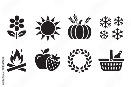 Strong black silhouette icons for spring, summer, autumn, and winter design