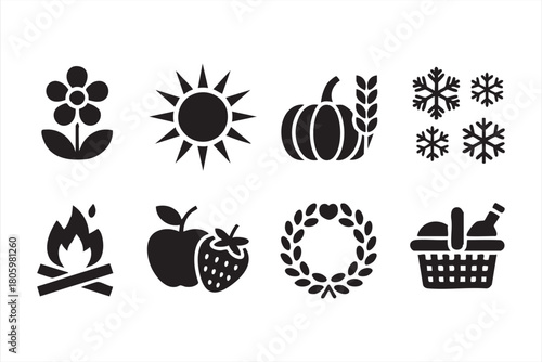 Four seasons icon set with harvest, weather, fruits, and picnic elements