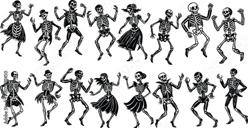 Dancing skeleton silhouette set in vintage Halloween style, spooky festive bone characters dancing collection
