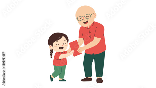 Grandfather Giving Red Envelope to Granddaughter in Traditional Chinese Clothing Cartoon Illustration