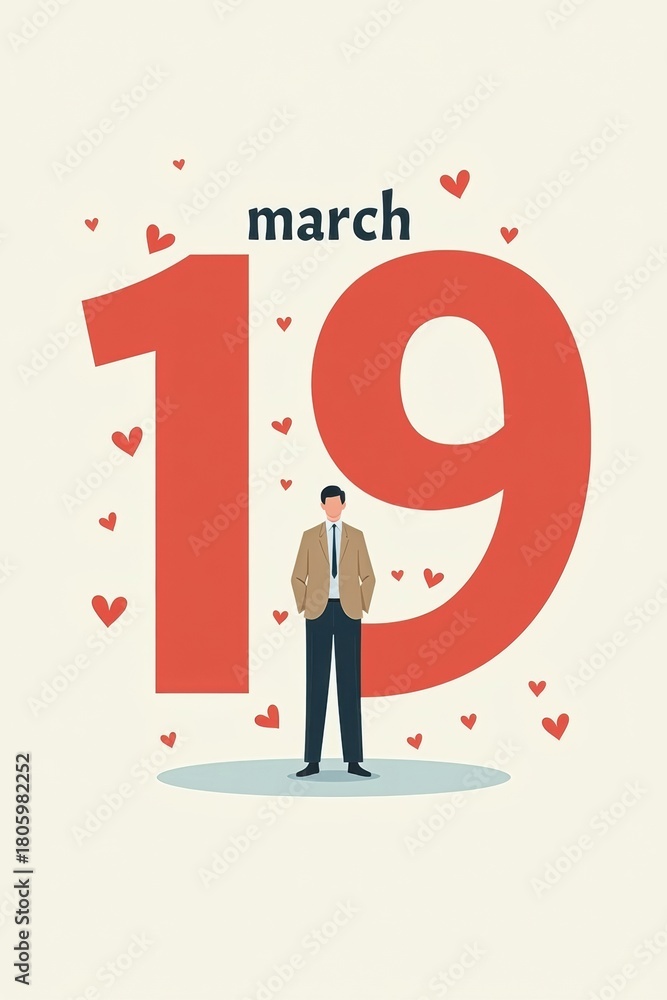 Obraz premium Man standing before large march nineteenth date with hearts