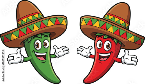Festive cartoon chili peppers, green and red, wearing Mexican sombreros, smiling characters, cultural celebration, Cinco de Mayo, spicy food illustration