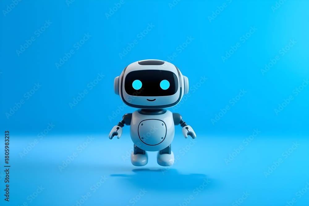 Fototapeta premium Adorable Futuristic Robot Standing in Front View on Clean Blue Background – Friendly AI Mascot for Technology and Innovation Concepts