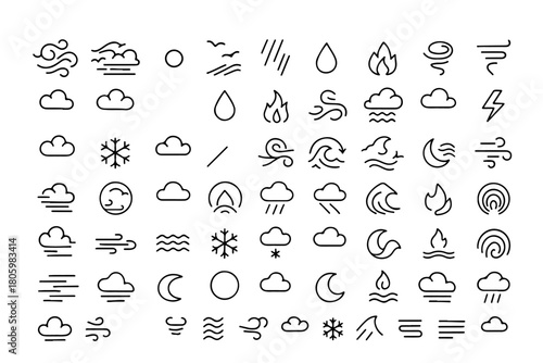 Weather Icons, Symbols and weather signs collection. This comprehensive set is designed with simple line art in a clean and minimal style, perfect for use in mobile apps, websites.