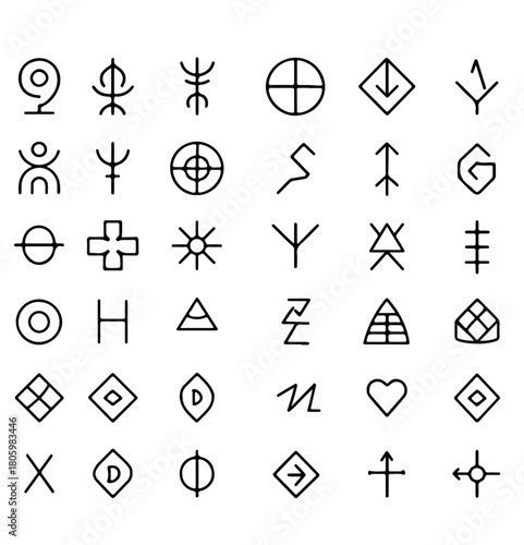 Mysterious symbols arranged in a grid, perfect for exploring ancient language, cultural, and spiritual symbolism