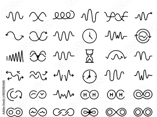 A set of black wave and time icon collection for design elements, symbolizing endless possibilities and dynamic concepts. The collection includes various wave patterns, infinity symbols.