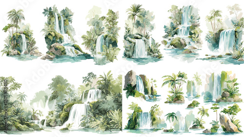 A serene watercolor landscape featuring lush greenery and cascading waterfalls, ideal for tropical themes, nature illustration, travel designs, and peaceful outdoor scenery projects.