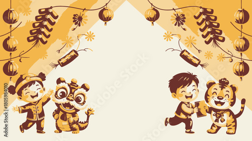 Joyful Chinese New Year Children and Tiger Costumes Celebrating with Lanterns and Decorations