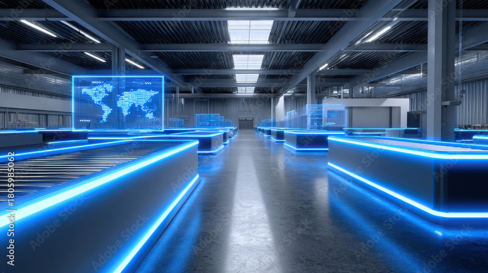 Obraz premium Futuristic Logistics Hub with Robotic Vehicles and AI Technology in a High-Tech Warehouse Environment