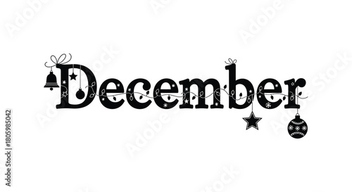 Festive december text with christmas ornaments and snowflakes celebrating the winter holiday season