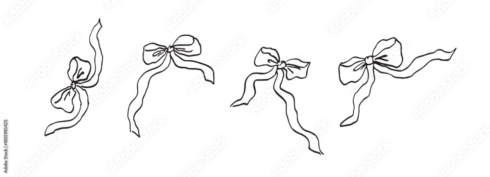 Obraz premium Bow hand drawn with contour lines on white background. Vector illustration. Whimsical romantic Valentine's Day print 