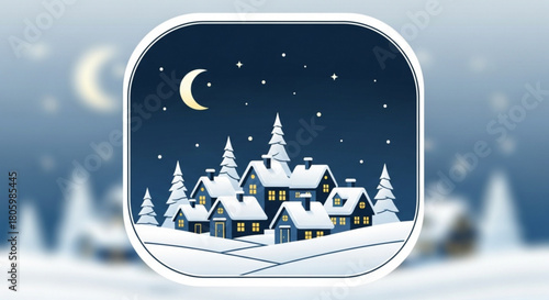 Winter village illustration with snowcovered houses, trees, and a crescent moon isolated on, creating a serene and festive atmosphere